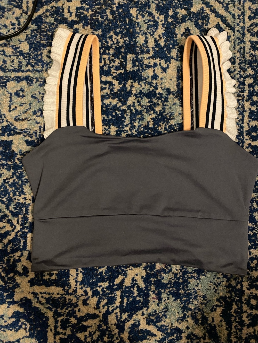 FP Movement by Free People Charcoal Sports Bra with Striped Ruffle Straps